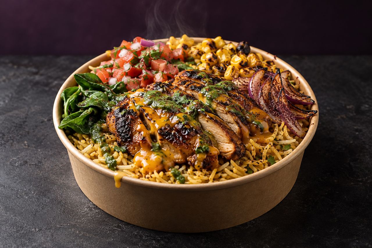 Fire-Roasted Chicken Bowl with pico de gallo, grilled corn, sumac onions and baby spinach over seasoned rice