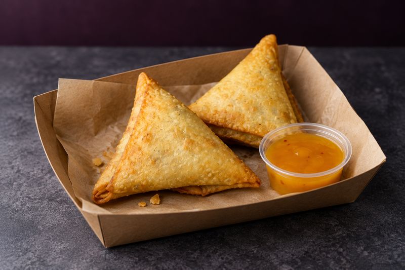 Two beef sambusa with a cup of SISIN Gold